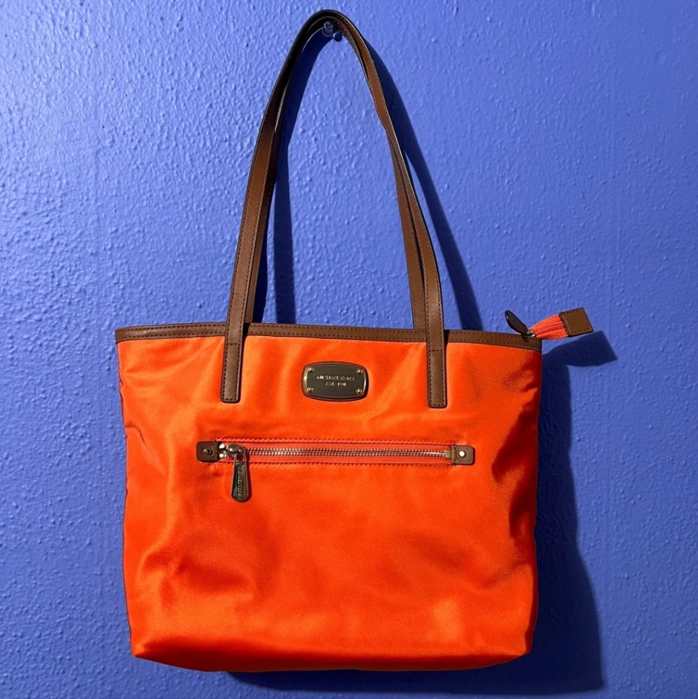 Michael Kors Montauk Nylon Shoulder Tote Bag - Orange With Brown Leather
